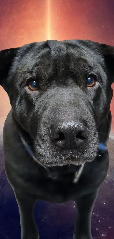 Black dog with cosmic background, planet beneath