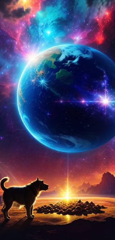 Dog under glowing planet in colorful cosmic scene wallpaper.