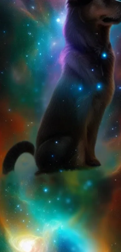 A dog's silhouette set against a colorful cosmic backdrop with stars and nebulae.