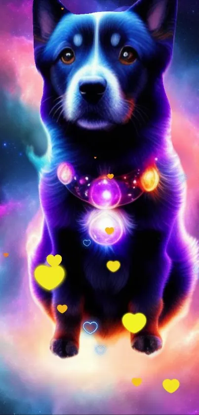 Cosmic dog with glowing colors and hearts on a vibrant nebula background.