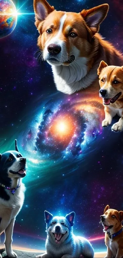 Corgi dogs floating in a colorful galaxy with stars and planets.