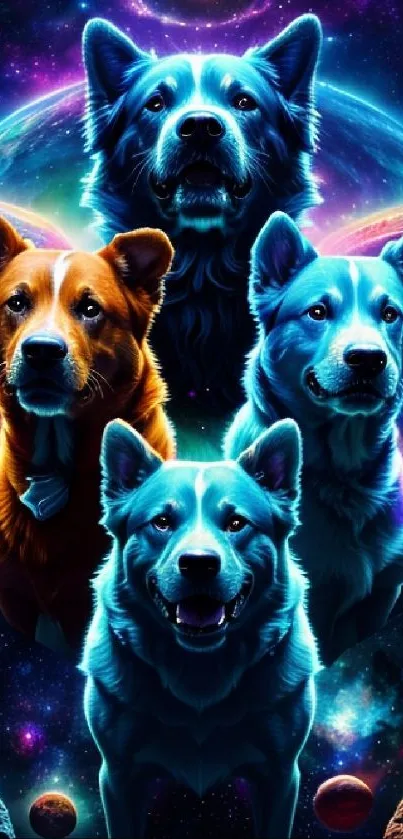 Four vibrant dogs in a cosmic space backdrop.