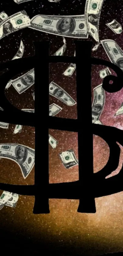 Galaxy background with dollar signs and floating money, silhouetted figure.