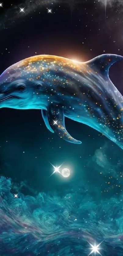 Dreamlike cosmic dolphin swims through a star-filled nebula sky.