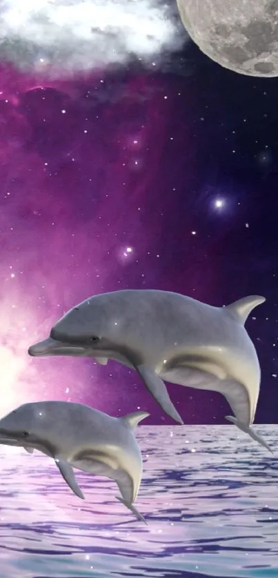 Cosmic wallpaper with dolphins leaping through a vibrant galaxy, under a moonlit sky.