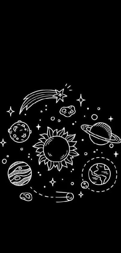 Cosmic doodle wallpaper with planets.