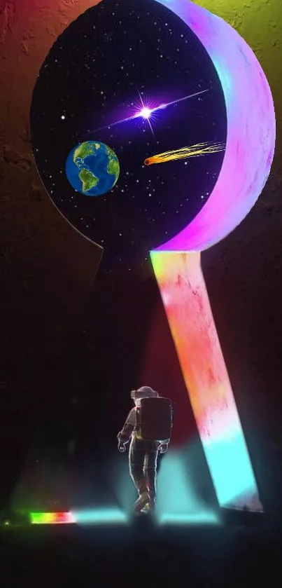 Astronaut entering a colorful cosmic doorway with stars and planets.