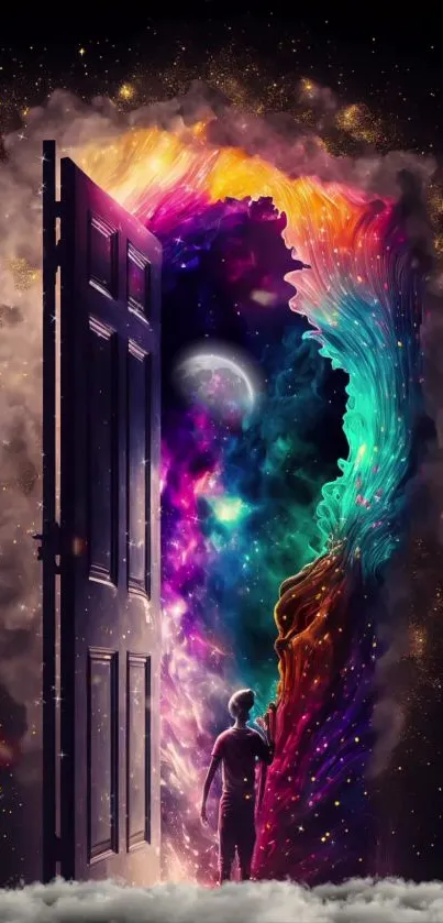 Cosmic doorway with vibrant swirling colors and a mystical portal.