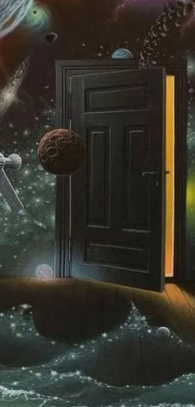 Surreal cosmic scene with open doorway and planets.