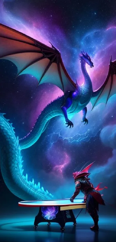 Epic cosmic dragon flies above a gamer in a vibrant galaxy scene.