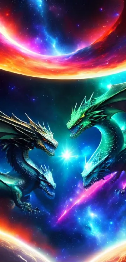 Vibrant cosmic dragon duel in space-themed artwork.