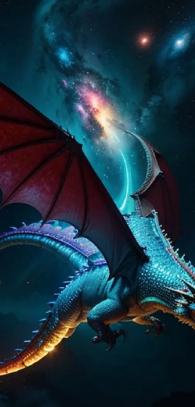 Dragon soaring in a star-filled cosmic sky.