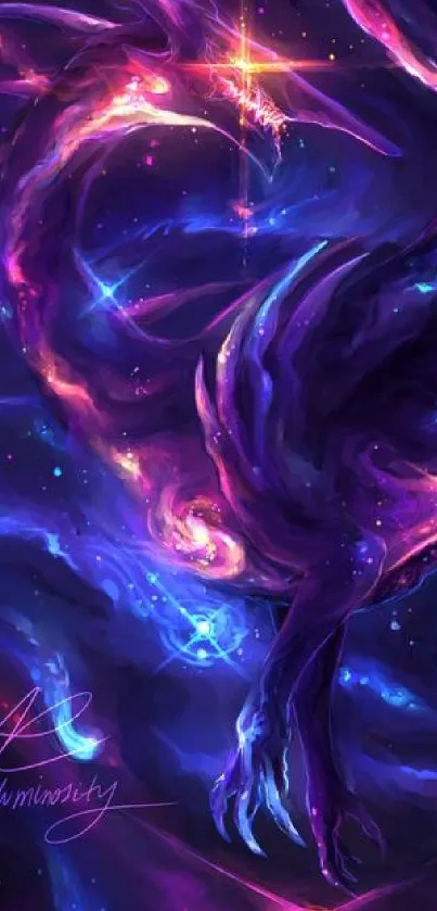 Vibrant cosmic dragon wallpaper with purple and blue hues.