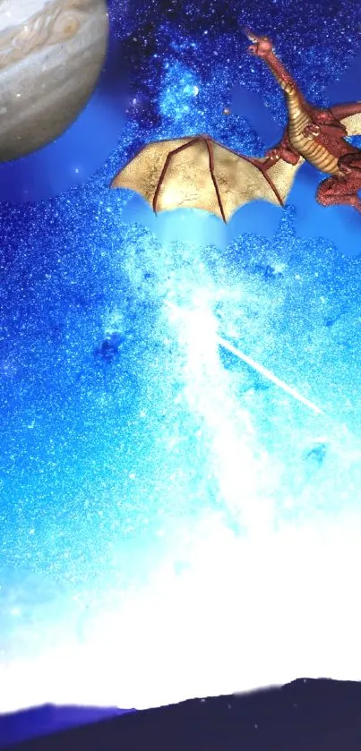 Dragon flying through a cosmic starry night sky with a distant planet.