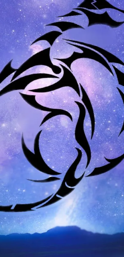 Tribal dragon silhouette against a starry cosmic night sky wallpaper.