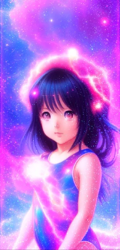 Anime girl surrounded by cosmic colors in a vibrant mobile wallpaper.