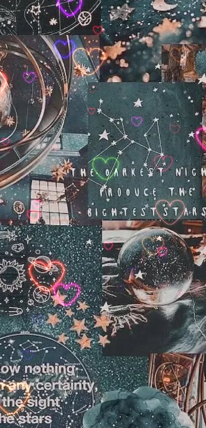 Celestial themed collage wallpaper with stars, planets, and inspirational quotes.