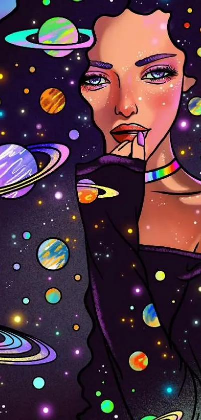 Illustrated cosmic dream with a galaxy motif featuring planets and a mystical figure.