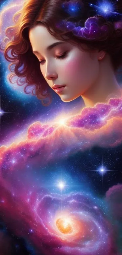 Dreamy woman in cosmic galaxy artwork wallpaper with vibrant colors.