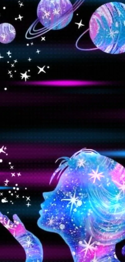 Neon cosmic dreamer with planets and stars wallpaper.