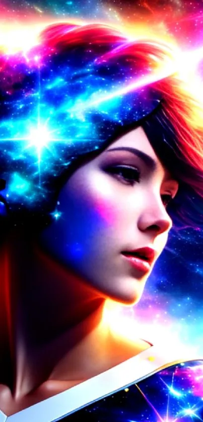 Vibrant cosmic-themed wallpaper with a mystical silhouette in colorful celestial lights.