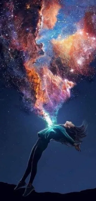 Cosmic dreamer under a vibrant nebula sky.