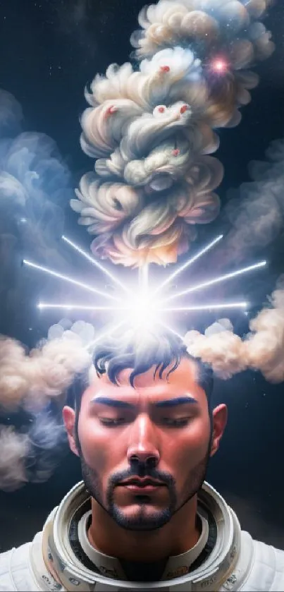 Astronaut with cosmic clouds and beams emanating from helmet in serene expression.