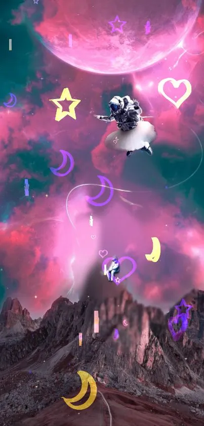 Surreal cosmic wallpaper with pink clouds and astronauts floating in space.