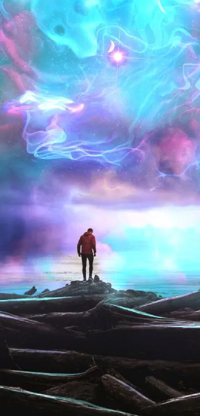 A lone figure stands beneath a colorful cosmic sky with nebula clouds.