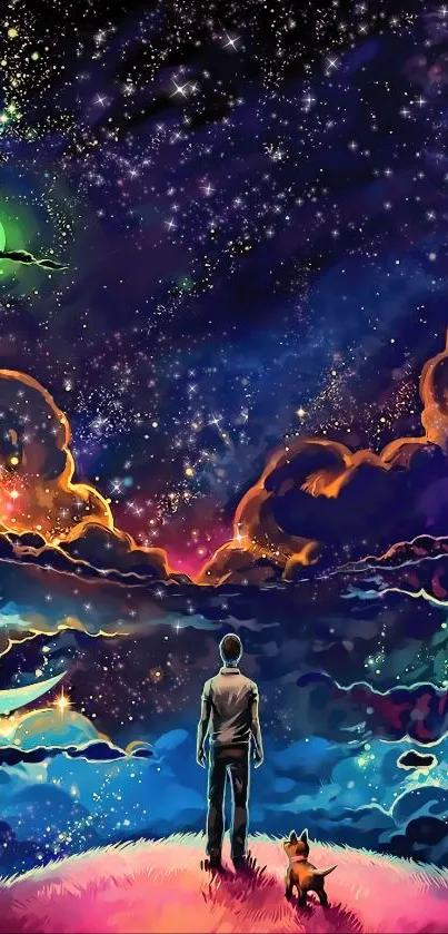 Person and dog on a colorful cosmic landscape with swirling galaxies.