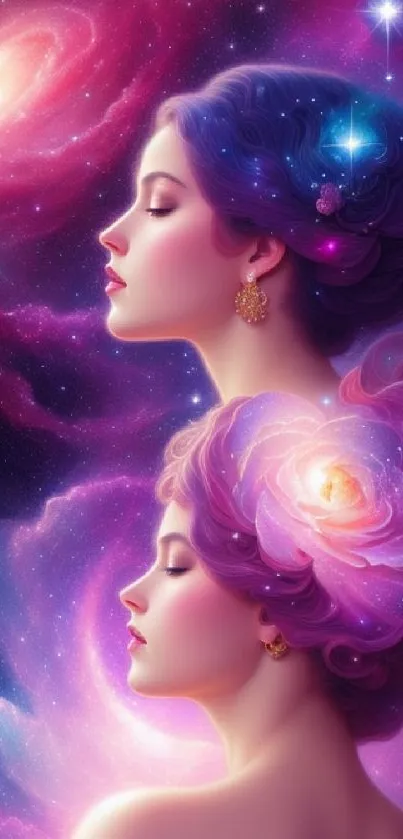 Ethereal cosmic portrait wallpaper with galaxies and stars in purple hues.