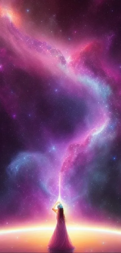 Galaxy wallpaper with cosmic scene in pink and purple hues above a glowing horizon.