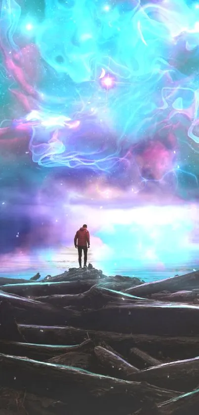 Person under a vibrant neon cosmic sky, surrounded by a surreal landscape.