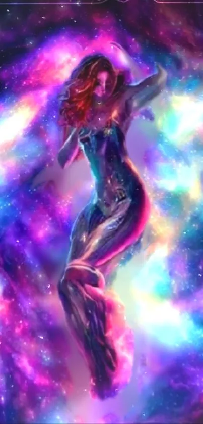 Ethereal woman in vibrant, cosmic galaxy scene.