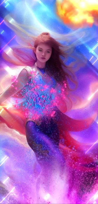 Cosmic dreamscape with vibrant colors and serene female silhouette.