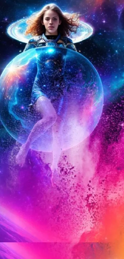 Celestial figure in vibrant cosmic scenery mobile wallpaper.