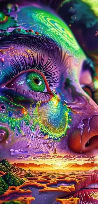 Surreal psychedelic cosmic art wallpaper featuring a colorful face and universe.