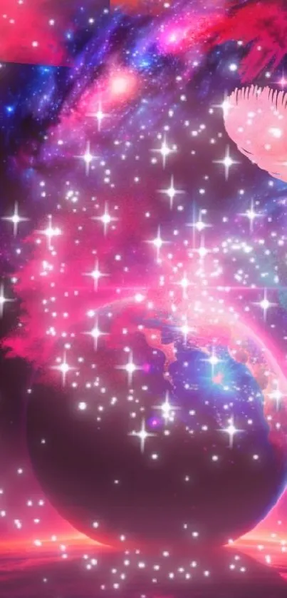 Vibrant cosmic wallpaper with stars and a pink-purple galaxy.