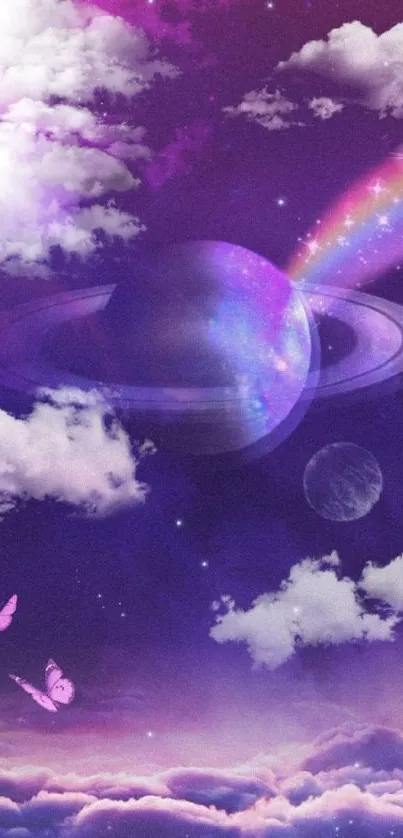 Ethereal cosmic scene with purple planets and clouds.