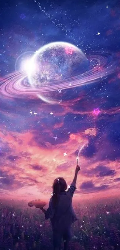 Girl reaching for stars in a cosmic dreamscape with a vibrant galaxy overhead.