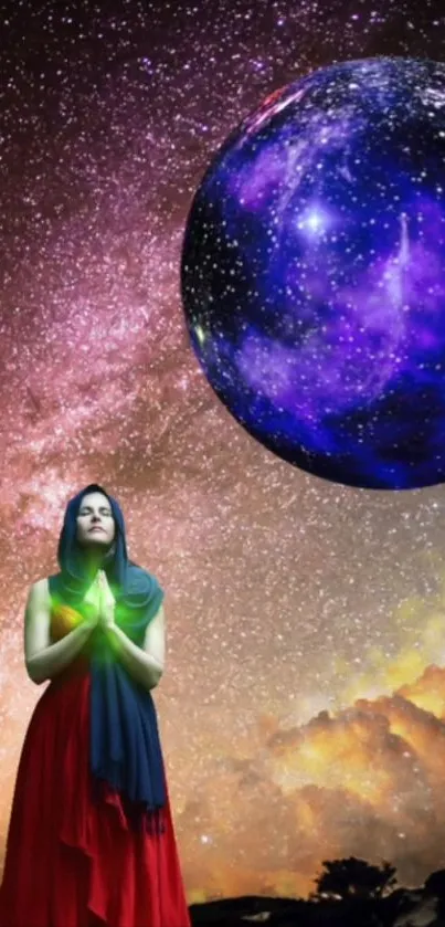 A woman beneath a vibrant galaxy, surrounded by cosmic colors.