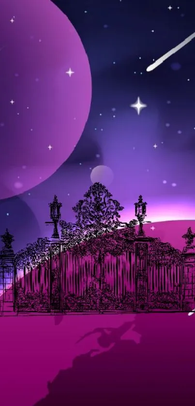 Surreal cosmic wallpaper with a mystical gate and purple galaxy backdrop.