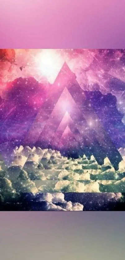 Abstract cosmic pyramid design with purple hues and clouds.