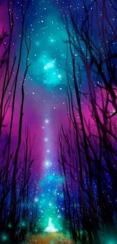 Mystical night sky with vibrant colors and silhouetted trees.