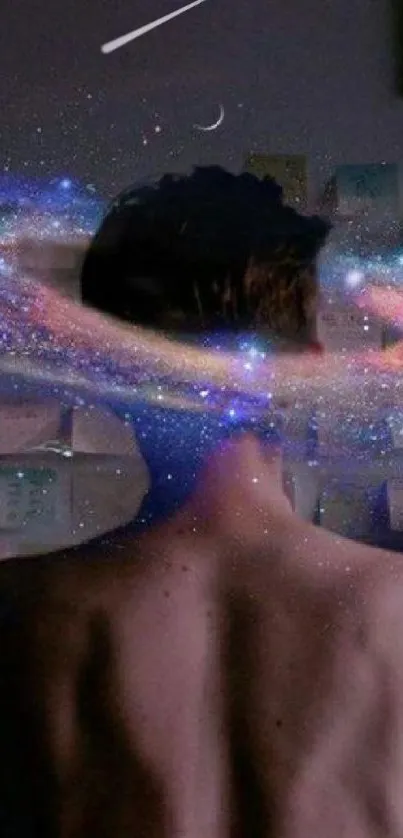 Back view of a person with a galaxy swirling around their head.