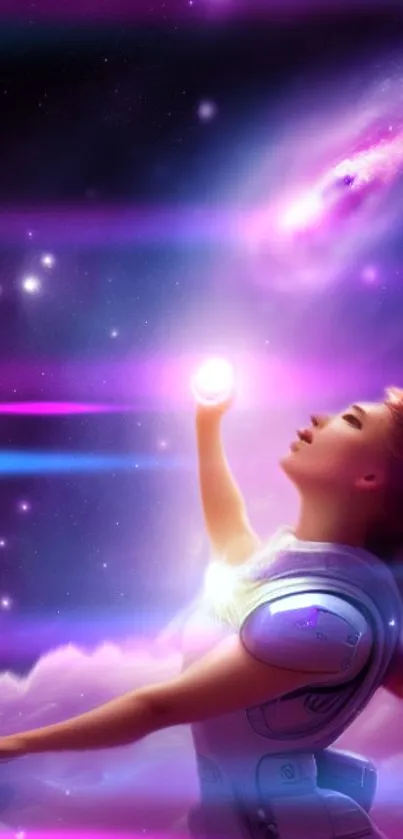 Futuristic girl reaching towards a glowing purple galaxy.