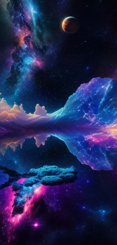 Vibrant cosmic landscape with planets and nebulas in a dreamlike scene.