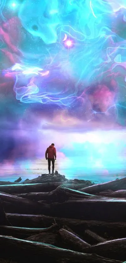 Lone figure stands under vibrant cosmic dreamscape sky.