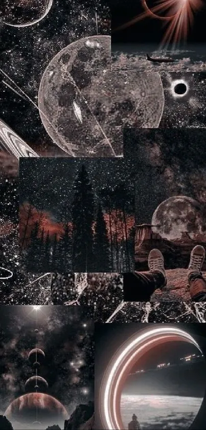 A collage of cosmic and planetary scenes with stars and an astronaut view.