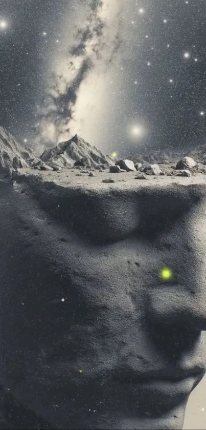 Surreal stone face with cosmic background.